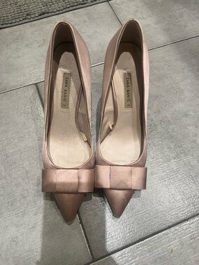 Zara Satin Rose Gold Pointed-Toe Pumps with Bow Accent